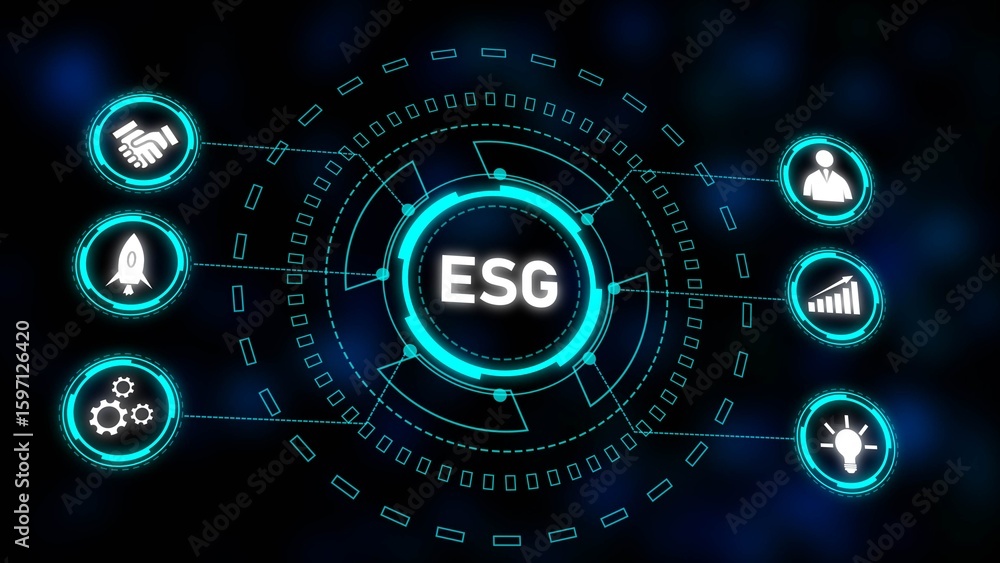 Poster e s g concept illustrated with cyan glowing circular interface showing icons for handshake rocket ge