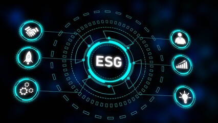 E S G concept illustrated with cyan glowing circular interface showing icons for handshake rocket gears graph and lightbulb on dark background