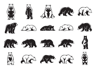 Robust bear vector illustrations in various poses: standing, walking, and resting, ideal for nature and wildlife themes.