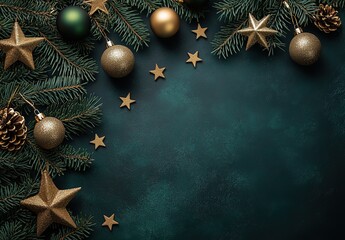 Dark Green and Gold Minimalist Christmas Background with Central Copy Space, Pine Branches and Ornaments