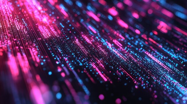 A vibrant, abstract digital art piece with pink and blue glowing lines and dots against a dark background.