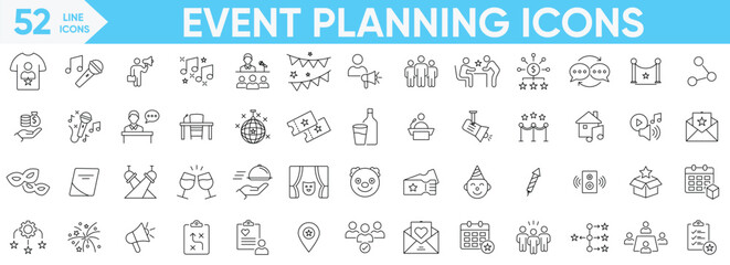 Event Planning icon vector and illustrator set.venue, invitations, Management, wedding, entertainment, event planner, registration, catering and more.Editable stroke.