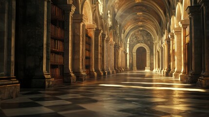 Obraz premium A grand, ornate hallway with arched ceilings and columns, filled with bookshelves on either side, illuminated by sunlight from a large window at the end of the hall.