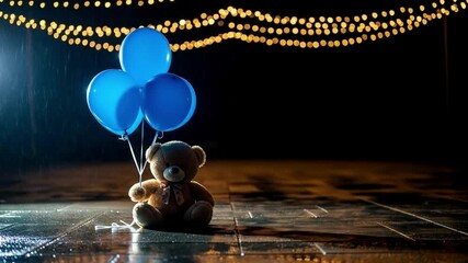 Teddy Bear Holding Blue Balloons in Rainy Night with Bokeh Lights
