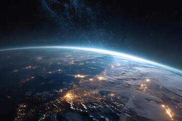 Earth from space, city lights and starry sky view