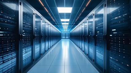 Endless perspective of an interior server room with multiple computer towers and bright lights, indicating technology and data infrastructure - Powered by Adobe