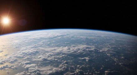 Fototapeta premium Stunning View of Earth from Space: Sunrise over a Cloud-Covered Planet, Showing the Thin Atmosphere and the Vastness of Space
