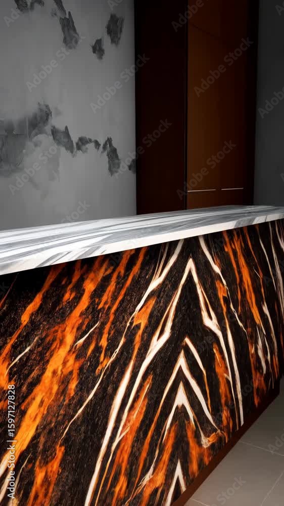 Poster striking countertop surfaces featuring exotic striped patterns and concrete wall texture in backgrou