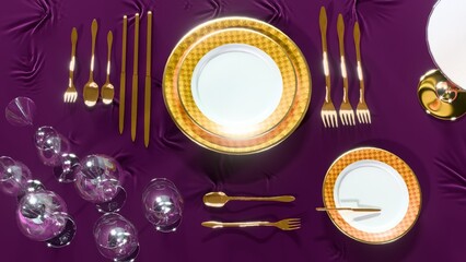 The luxury table scape background image created by 3D modeling. set a formal dining table. golden cutlery and  tablecloth wrinkles.