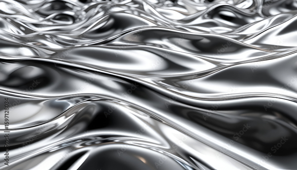 Poster abstract silver fluid surface with wavy reflections and metallic texture design