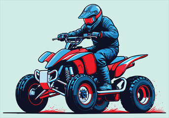 Stylized ATV Illustration of a Rider Wearing a Helmet in Blue and Red Isolated on a Light Background