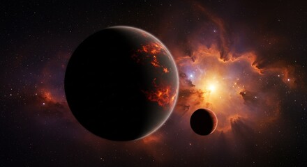 Fiery Exoplanets Orbiting a Bright Star within a Vibrant Nebula in Deep Space