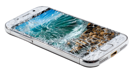 Phone with a cracked screen is shown on a white background. The cracked screen gives the impression of a broken or damaged device