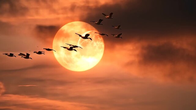 Birds Migrating at Sunset: A Majestic Flight