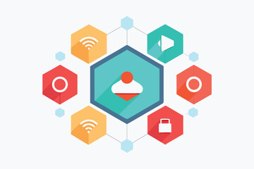 Abstract data flow and network connection concept design illustrated with hexagonal shapes and icons