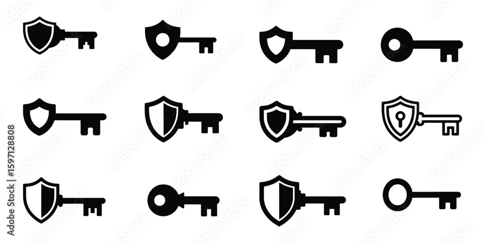 Poster security key icons black and white vector illustration of shielded keys for data protection and acce