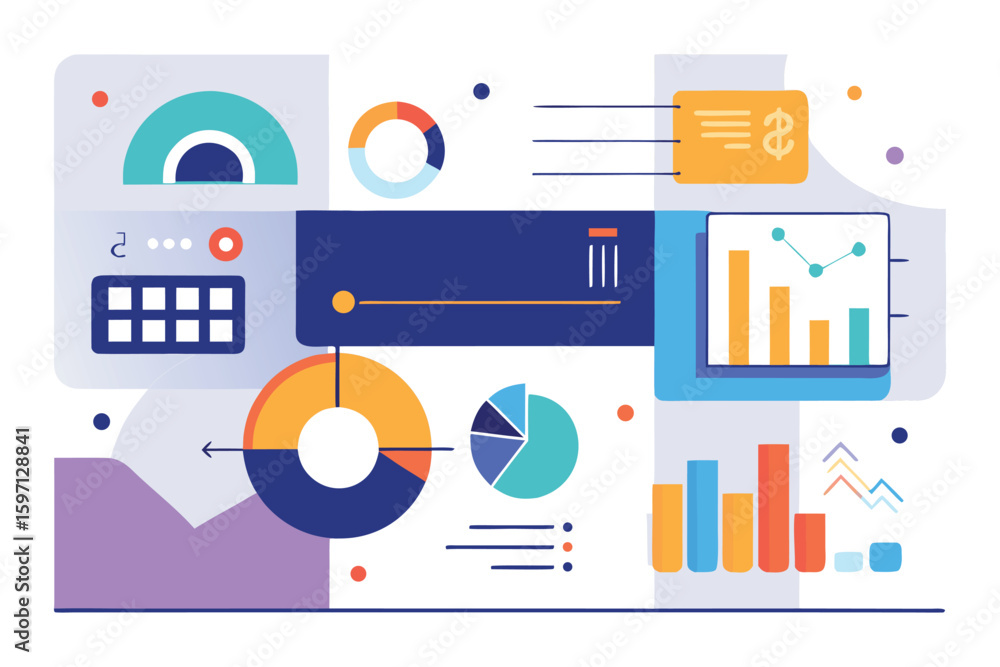 Poster abstract data visualization with financial charts and infographics illustrating business analytics c