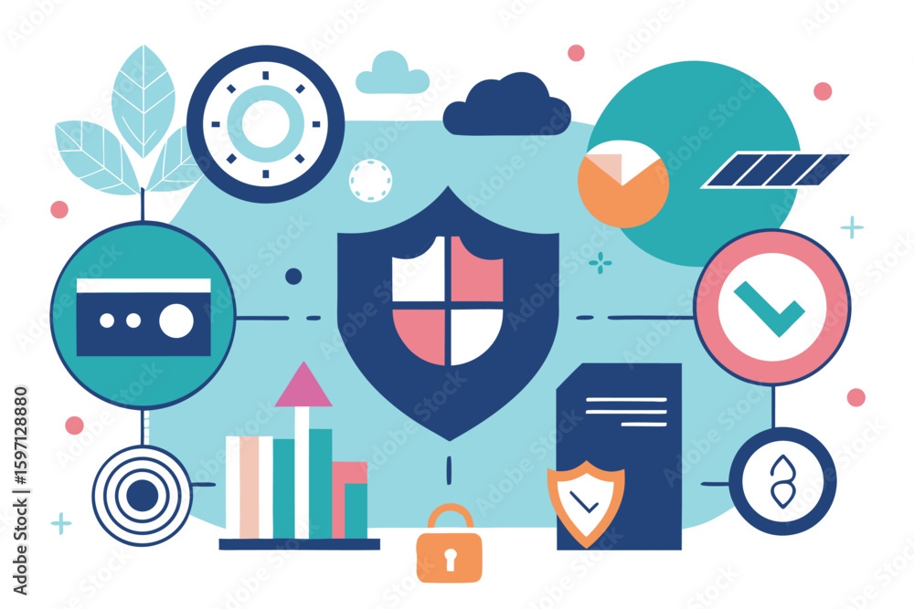 Poster abstract digital security and data protection with shield lock and checkmark symbols