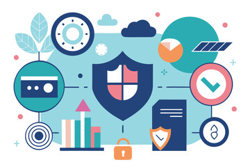 Abstract digital security and data protection with shield lock and checkmark symbols