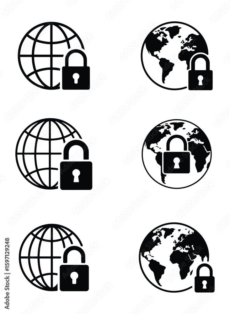 Poster global security icons seamless pattern of earth globes with padlocks for cybersecurity and data prot