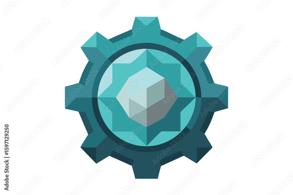 Poster abstract gear icon with geometric shapes in teal and gray for technology and innovation concepts.
