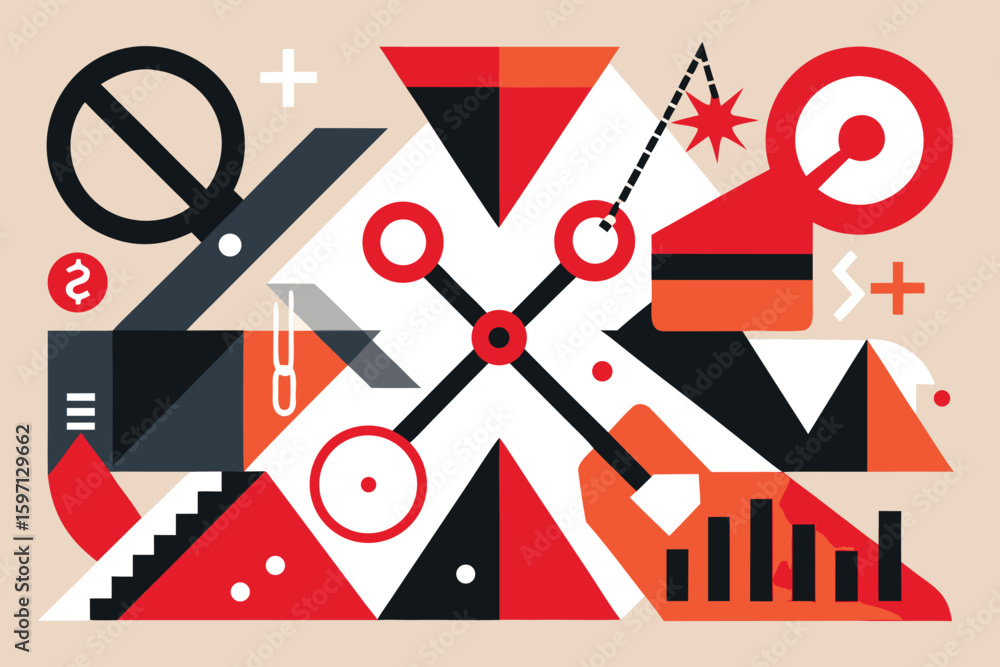 Aufkleber abstract geometric composition in red black and white with various shape elements and symbolic visua