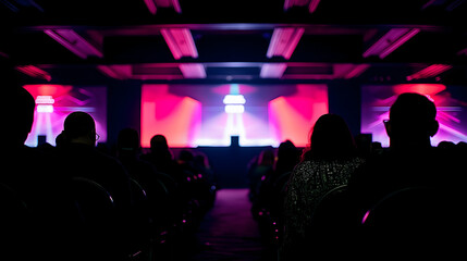 An audience watches a vibrant, colorful presentation in a dark conference room with illuminated screens at the front.