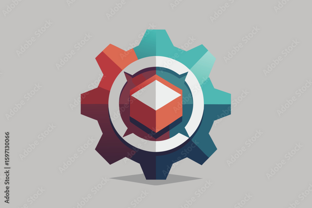 Poster abstract geometric gear icon illustrating technology progress and innovation on a soft gray backgrou