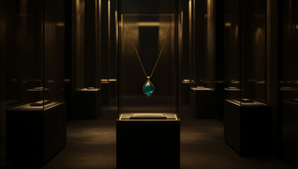 Close-up image of a delicate, intricately designed gold necklace with a polished blue gemstone pendant highlighted against an elegant background.