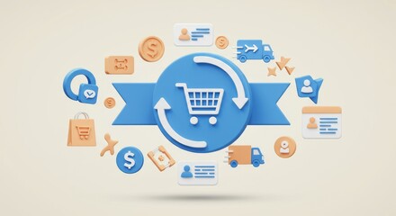 3D rendered illustration showcasing an online shopping concept with various icons orbiting a central shopping cart