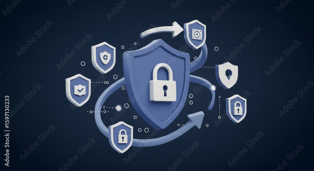 Poster 3d rendered image depicts a central shield with a lock, surrounded by smaller shields with varied sy