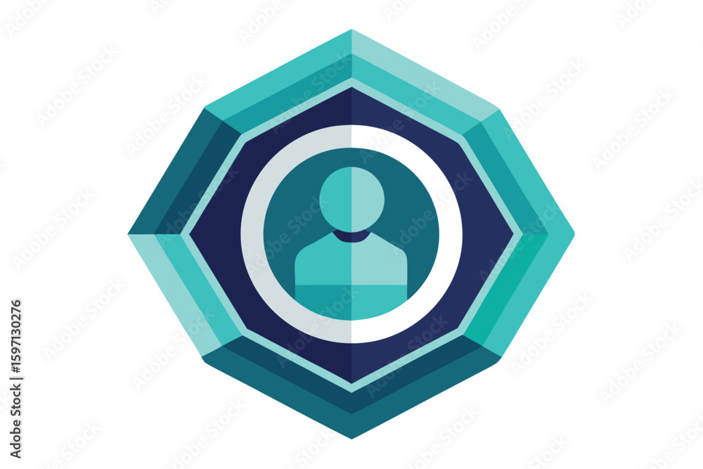 Poster abstract geometric icon depicting a user profile within a turquoise octagon on a white background
