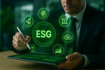 Man working on esg sustainability dashboard using digital tablet with green indicators representing corporate environmental social governance carbon performance