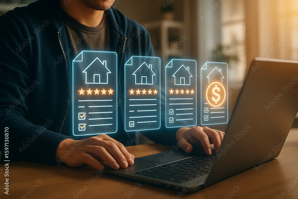 Poster user analyzing real estate ratings on digital laptop screen with floating property documents showing