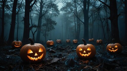 Glowing jack o lanterns illuminate a spooky forest on halloween night
