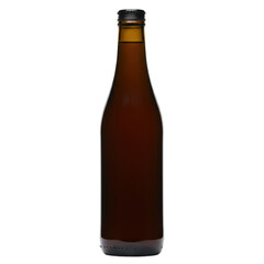 Tall Brown Glass Bottle with Black Cap, Elegant Shape, and Dark Liquid.