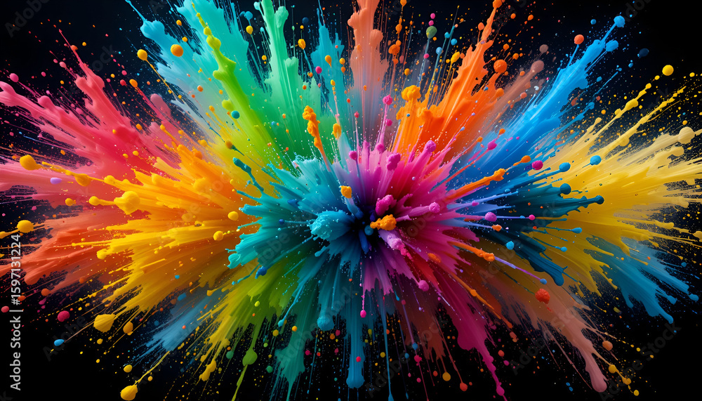 Poster bright explosion of colors with a dynamic spray effect, creating a vibrant abstract design