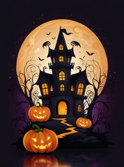 Fototapeta premium Spooky haunted mansion with jack o lanterns under a giant full moon