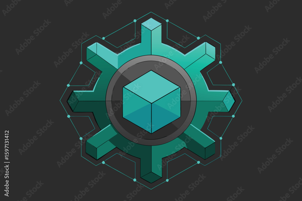 Poster abstract technology gear icon with a cyan cube centered on a dark background illustrating innovation