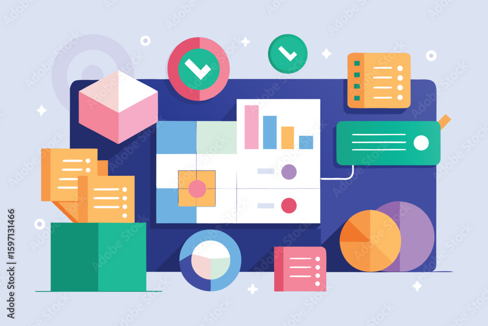 Poster business data analysis and financial planning visualization with charts and graphs in a modern flat 