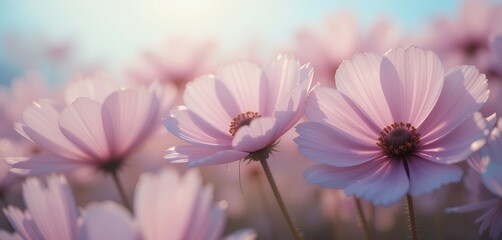 Fototapeta premium Soft focus close up of delicate light pink flowers blooming in gentle sunlight