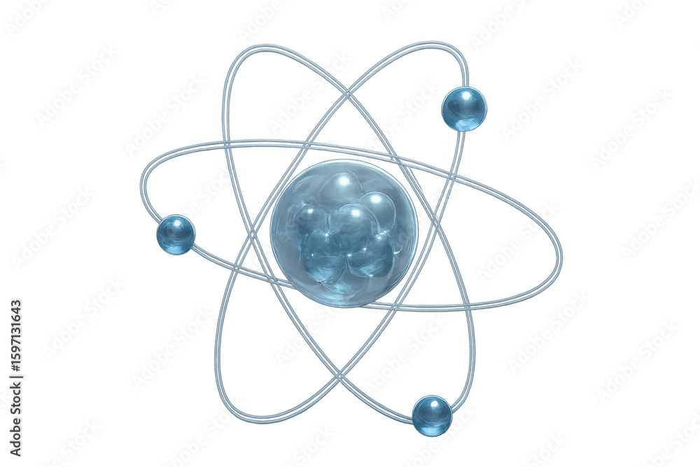 Poster electrons orbiting nucleus, depicting atomic structure against transparent backdrop