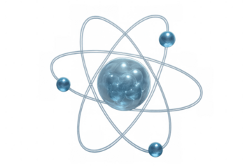 Electrons orbiting nucleus, depicting atomic structure against transparent backdrop
