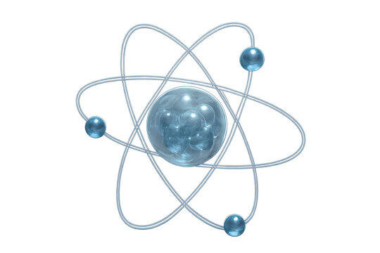 Electrons orbiting nucleus, depicting atomic structure against transparent backdrop
