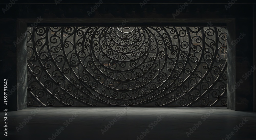 Poster empty room with metal facade curl curve pattern shade shadow building exterior architecture details