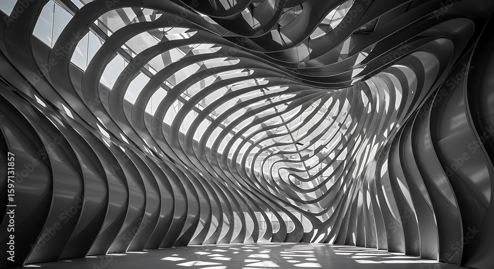Poster empty room with metal facade curl curve pattern shade shadow building exterior architecture details