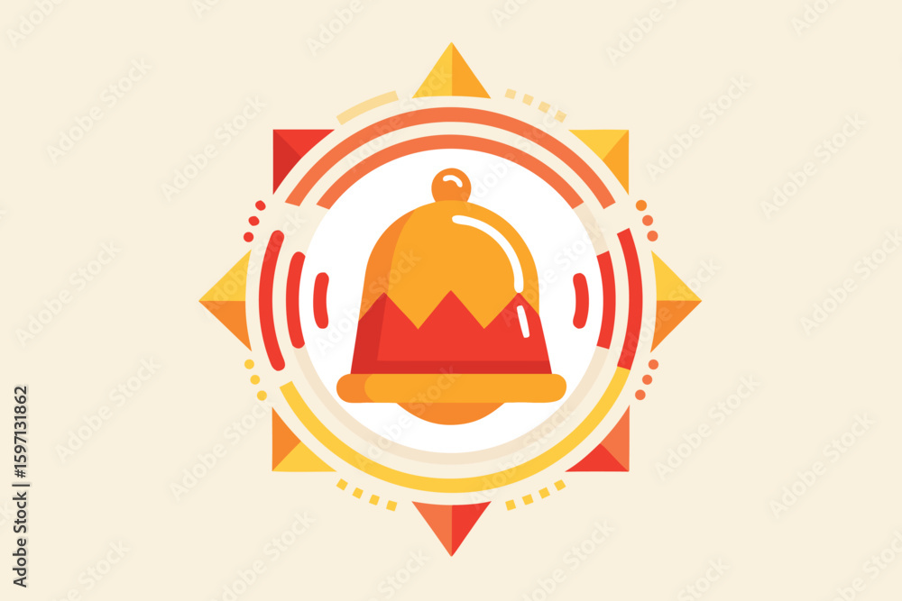 Poster geometric composition featuring an abstract orange bell icon centered within a decorative graphic de