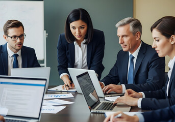 A group of professional businesspeople are working together, discussing at a meeting in the office
