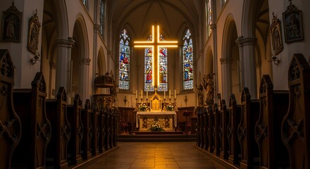 Obraz premium Evocative capture of a peaceful church interior bathed in the warm glow of an illuminated cross, symbolizing faith and hope amidst the stillness of twilight.
