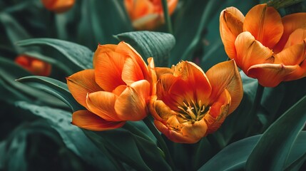 Vibrant orange tulips blooming in a lush green garden